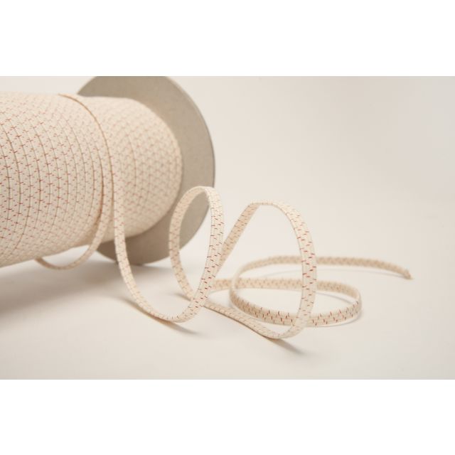 Organic Elastic Rubber band - 70% Organic Cotton 30% Natural Rubber -  for light to medium heavy fabrics - 5mm -  Ecru/Red Thread  - 100 Meter